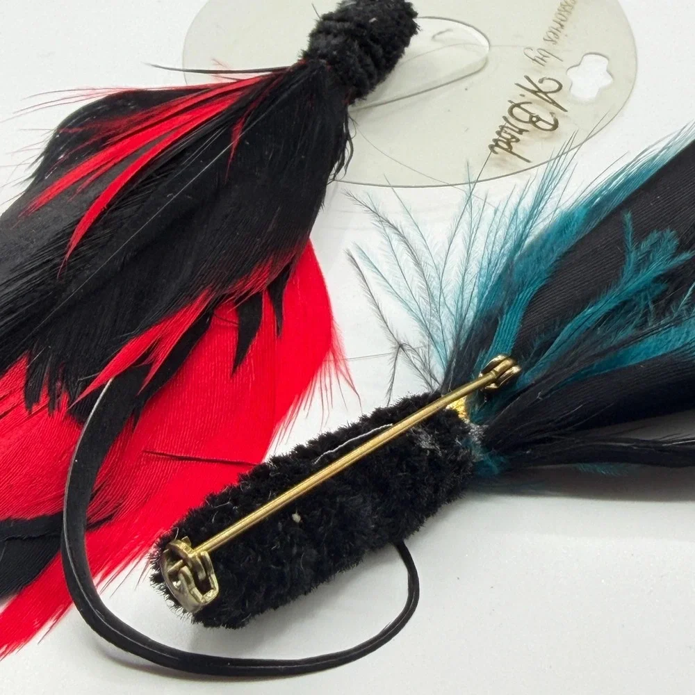 Red Teal Black Feather Brooch Pins Pair Boho Statement Costume Jewelry Set Lot